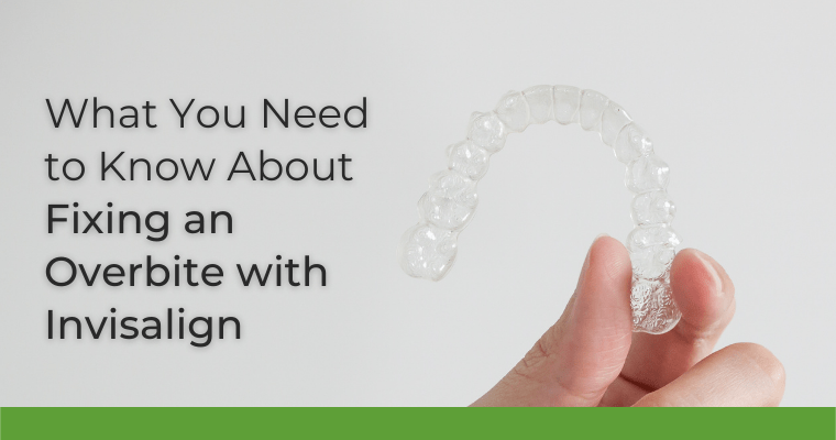 Hand holding a clear aligner with text, "What You Need to Know About Fixing an Overbite with Invisalign."